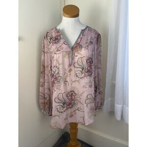 Sundance Floral Print Boho Silk V Neck Blouse Top Size Medium Sequin Beaded